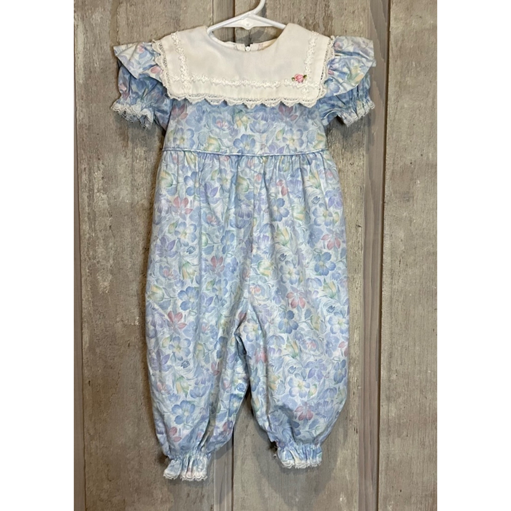 Girls Vintage Bryan Blue Floral Lace Pink Bow Tie Waist Romper 12 months
